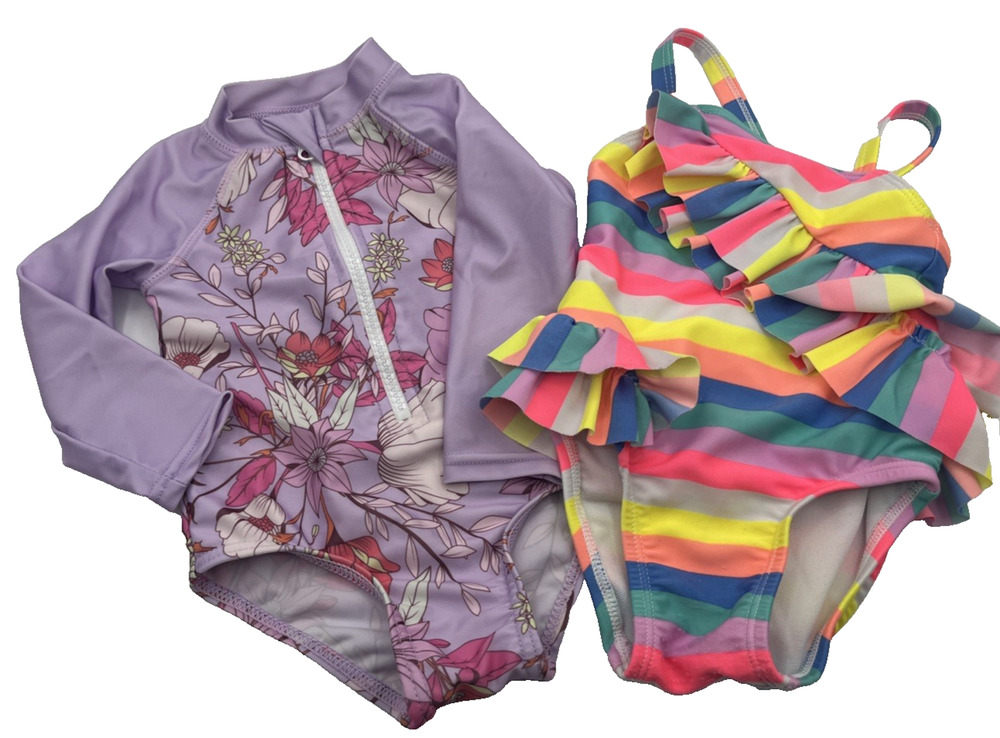 2pc Baby Girl Cat & Jack Swimsuit 6-12M Rainbow & Floral Coastal Beach Long Slee